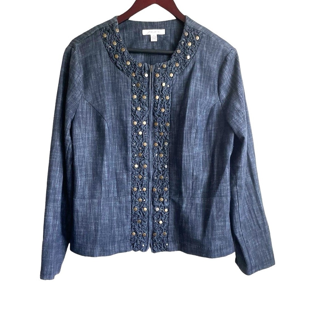 JM Collection Women Jacket 14 Blue Chambray Beaded Trim Zip Front Denim Artwear